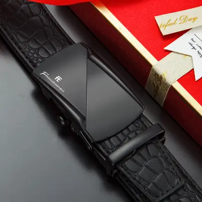 Men's Black Croc Leather Belt with Automatic Buckle