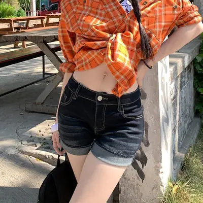 Dark Blue Rolled Hem Hot Pants Sexy Women 2025