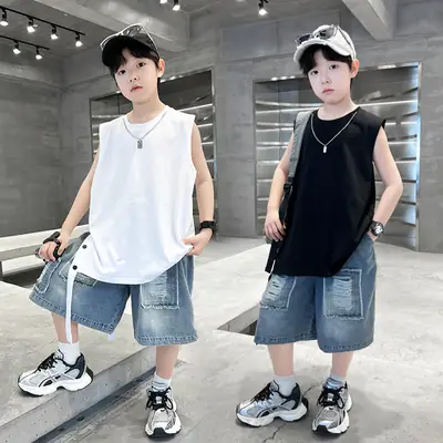Summer Sleeveless Vest for Boys Black Cotton Cool Outfit