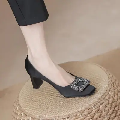 Black Rhinestone Square Toe High Heel Shoes