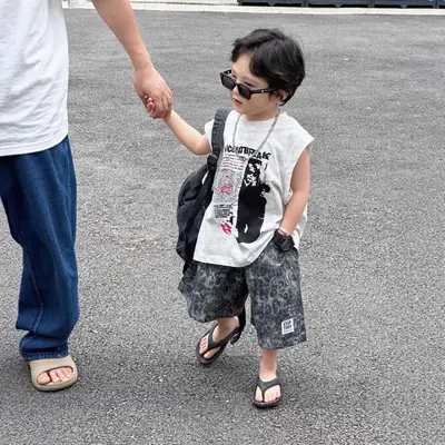 2025 Summer Boys American Streetwear Suit Sleeveless T-Shirt Leopard Print Shorts