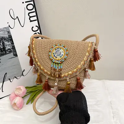 Straw Tassel Crossbody Bag with Embroidered Ball