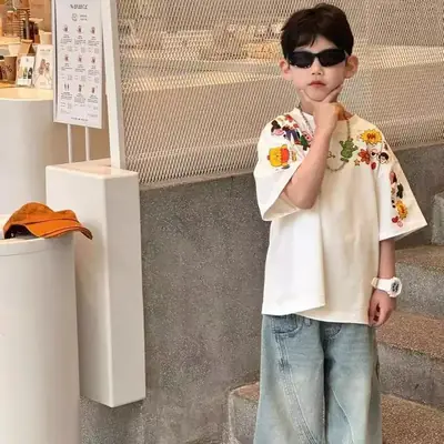 Children's Cartoon Print Short Sleeve T-Shirt White 2025