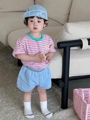 Kids Striped T-Shirt Denim Shorts Suit Boys New