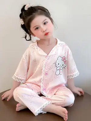 Girls' Pajamas 2025 New Children's Summer Ice Silk Short Sleeve Lace suit Cartoon Cute Baby Girl Home Clothes