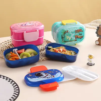 Cartoon Creative Children's Double-Layer Snap Lunch Box Student Canteen Packing Lunch Lunch Box Portable with Tableware Fork Spoon
