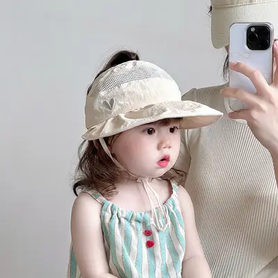 Girls Wide Brim Sun Hat with Ponytail Cap