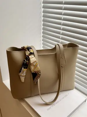 Beige Women's Large Tote Bag with Silk Scarf