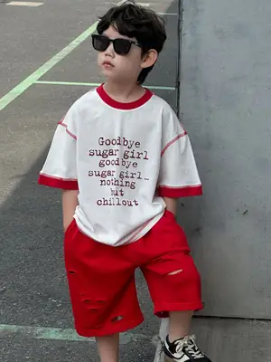Boys Cotton T-Shirt Red White 2025 Summer Casual Mid Sleeve