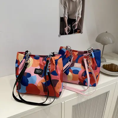 2025 Printed Color Contrast Women's Tote Bag Large Capacity