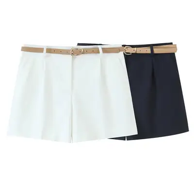 Women's Navy Belted Pleated Shorts Summer Casual
