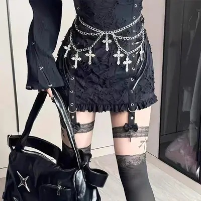 Cross Dark Belt Belt with Chain & Crosses