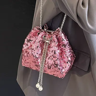 Pink Sequin Bucket Bag for Women High-End Chain Shoulder
