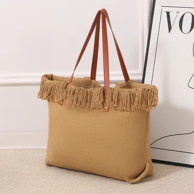 Canvas Tassel Tote Bag Large Capacity Brown