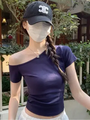 Dark Blue Slanted Shoulder T-Shirt for Women 2025 Summer