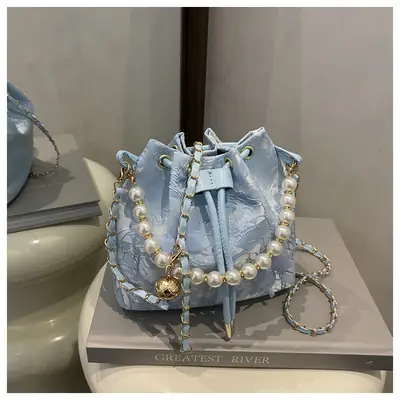 Fairy Blue Pearl Bucket Bag with One Shoulder Crossbody Strap