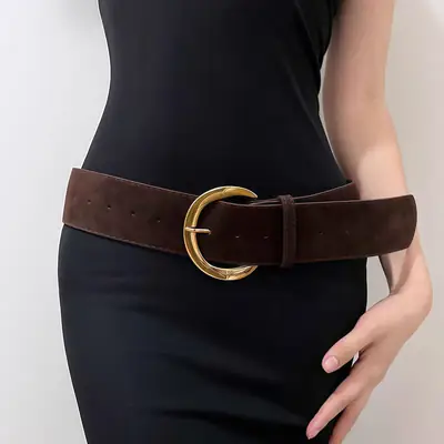 Black Leather Belt with Gold Ring for Women