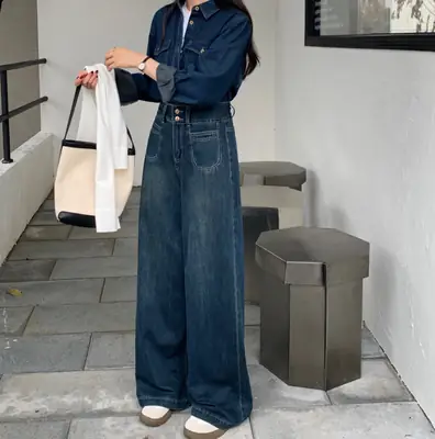 Dark Blue Wide Leg Jeans Women Autumn Loose Fit