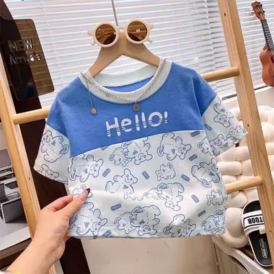 Boys Cotton Hello Print Short Sleeve T-Shirt Blue White