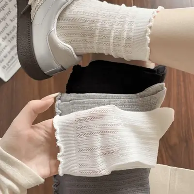 Socks Summer Women's Lace Pure Color Cut Out Breathable Thin Combed Cotton Women's Ins Casual Versatile Mesh Pile Socks