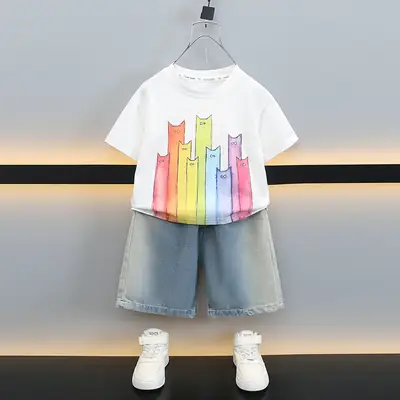 Boys T-Shirt with Colorful Cat Print 2-Piece Set