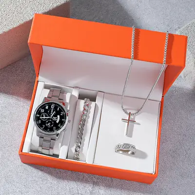 4Pcs/Set Men's Summer Silver Watch Bracelet Necklace Ring Gift Four-Piece Set Men's Jewelry Set