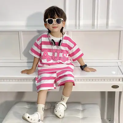 Boys Korean Striped Summer Suit Pink 4US