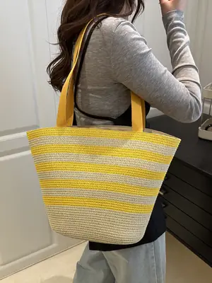 Straw Beach Bag Yellow Stripes Large Capacity