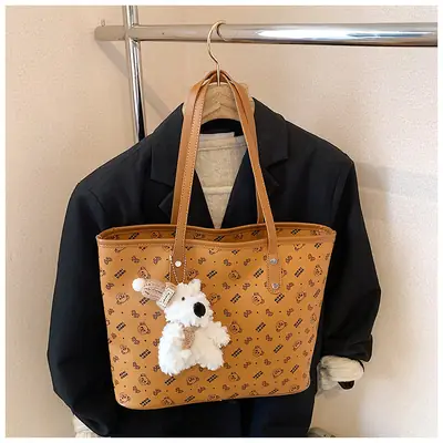 Women New Niche Tan Shoulder Tote Bag with Teddy Bear