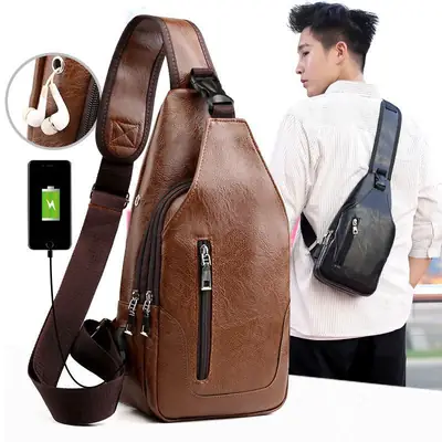 Men's Trendy Leather Crossbody Bag with Phone Charger