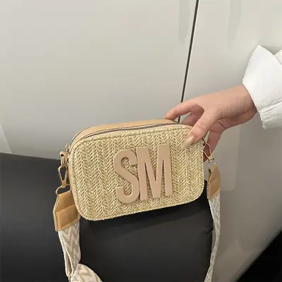 Women's Straw Bag with Logo Crossbody Shoulder Bag