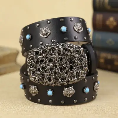 Studded Denim Belt with Sparkle & Buckle