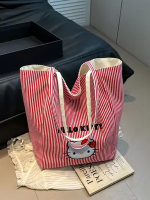 Women's Red Striped Canvas Shoulder Bag Large Capacity 2025