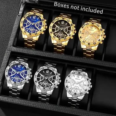 Men's Gold Quartz Watch with Blue Dial & Large Dial
