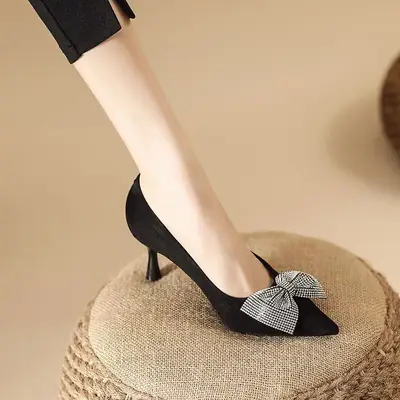 Elegant Rhinestone Bow Stiletto Heels for Women Black