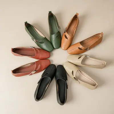 Women's French Flats Beige Thick Heel Mary Jane Leather
