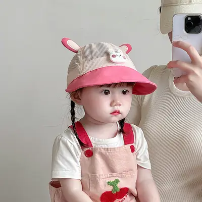 Baby Sun Hat with Cat Ears, Pink Mesh, Large Bristle