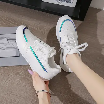 Women White Blue Stripe Lace-Up Flat Sneakers