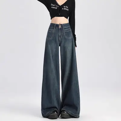 American Retro Dark Blue Wide Leg Jeans for Women