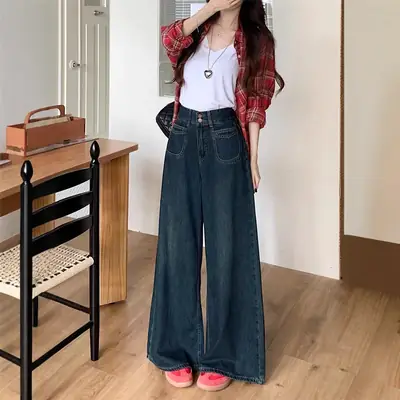 Dark Blue Wide Leg Jeans High Waist 2025 Spring Autumn