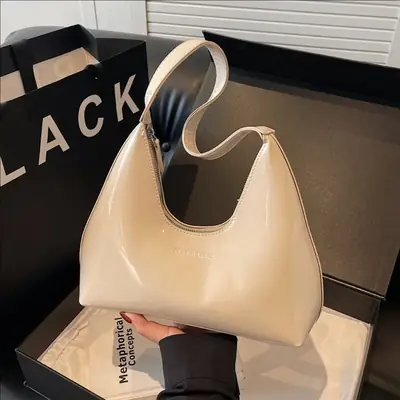 Women's Glossy Leather Crescent Bag Beige 2025