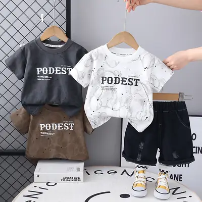 Boys Letter Printed Casual 2Pc Set Black