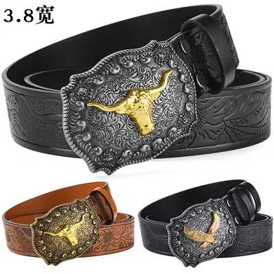 Black Cowboy Belt with Gold Skull Buckle 3.8cm