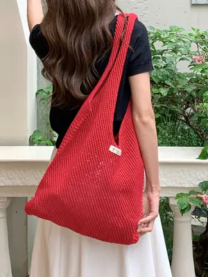 Red Knitted Mesh Shoulder Bag Large Capacity Women