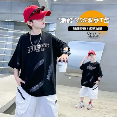 Boys Black Cotton Loose T-Shirt 2026 Summer
