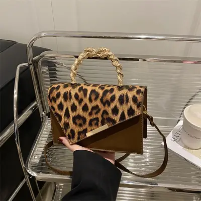 Leopard Print Shoulder Bag with Chain Handle Brown
