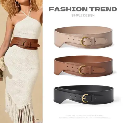 Women's Beige Genuine Leather Belt with Gold Buckle