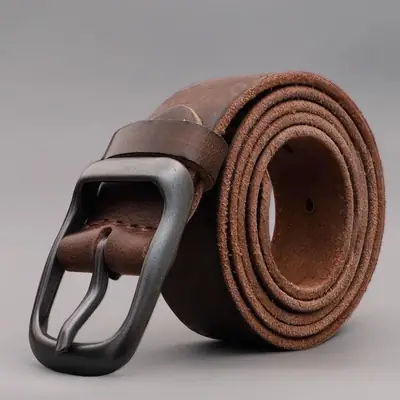Men's Brown Leather Pin Buckle Belt with Metal Strap