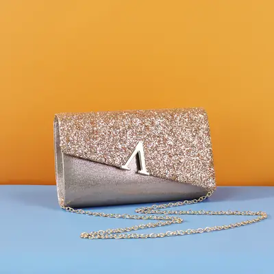 Silver Glitter Flip Clutch Bag with Chain Strap