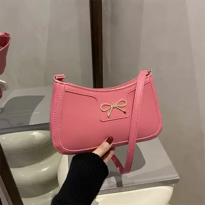 Pink French Texture Bow Shoulder Bag for Women